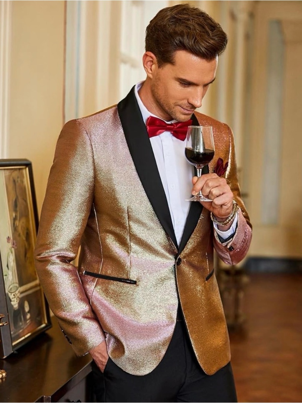 CoofAndy Champagne/Rose Gold Glittered Woven Tuxedo Jacket